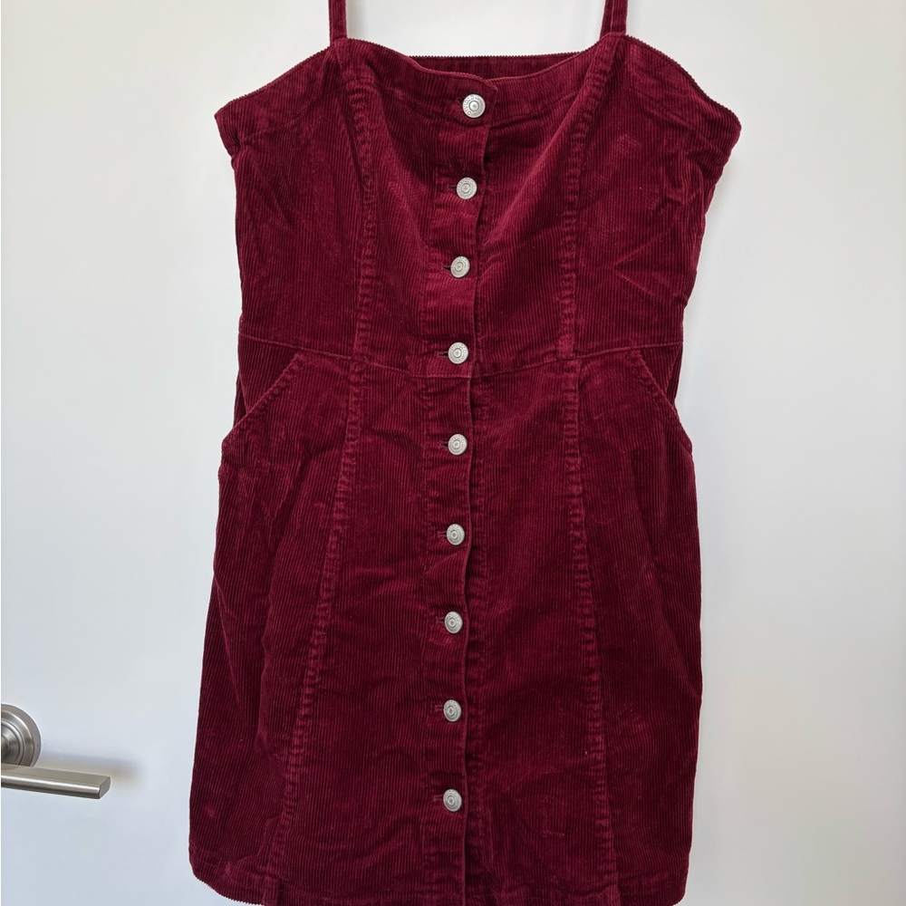 Deep burgundy corduroy button dress